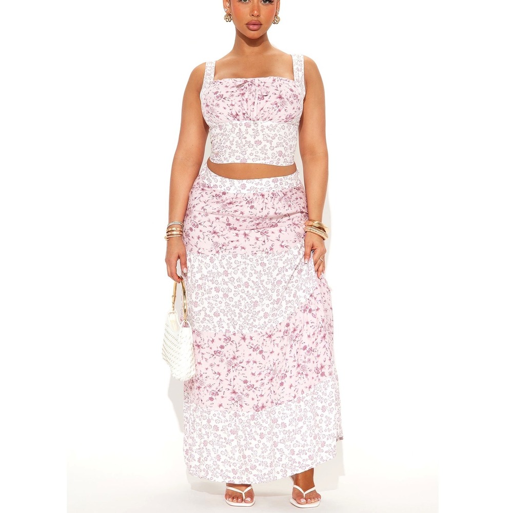 Pink Floral Patchwork Tiered Maxi Skirt L Boho Dainty Romantic Fem  Cottagecore